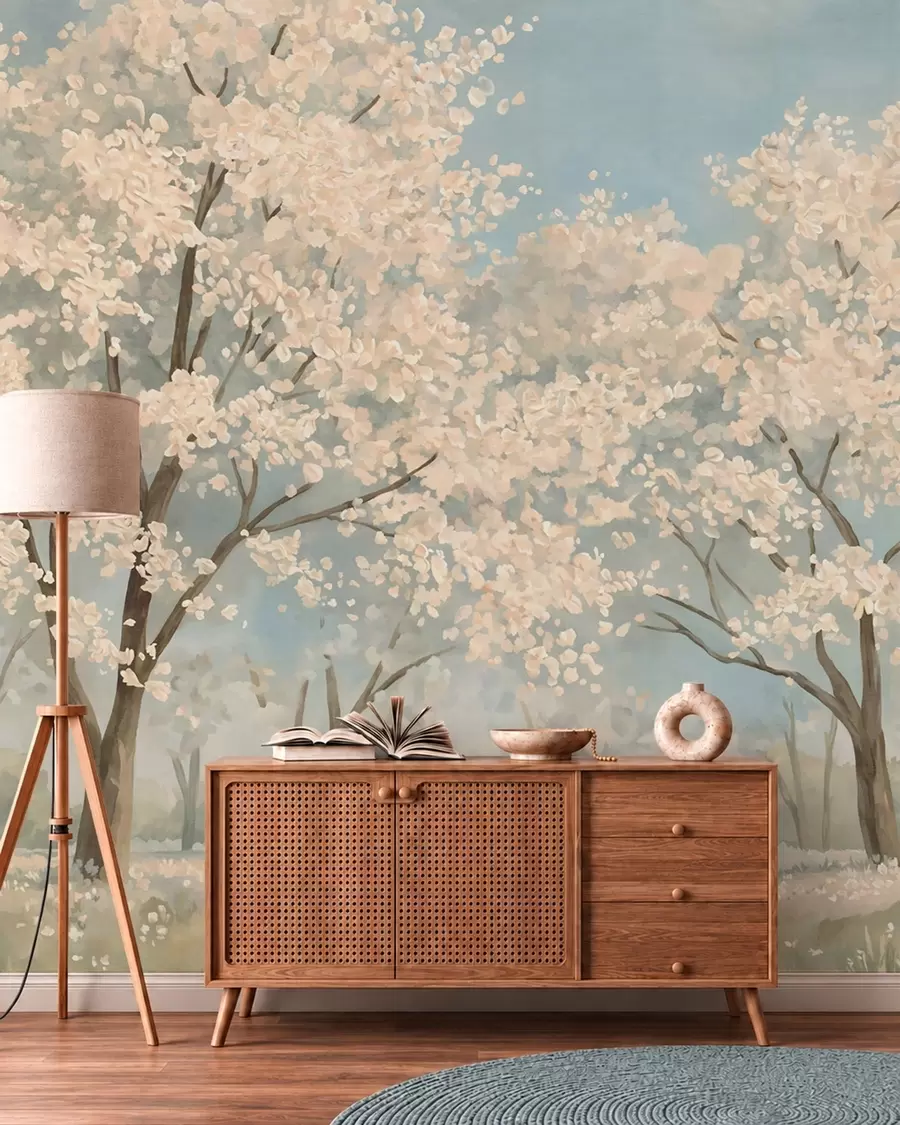Wall Mural Photo Wallpaper Blooming pale trees beneath a soft blue sky w05897v1