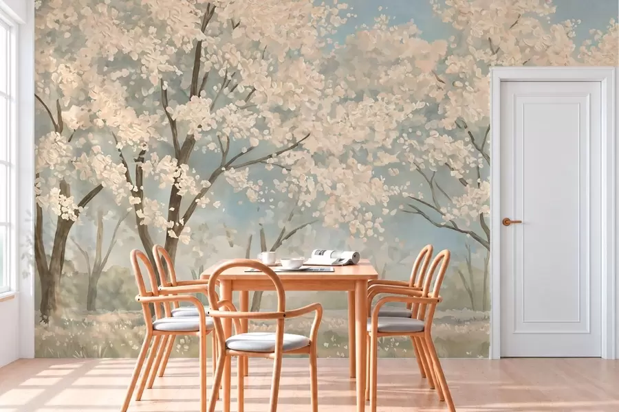 peintures murales Des arbres en fleurs aux teintes pâles sous un ciel d'un bleu tendre w05897v1