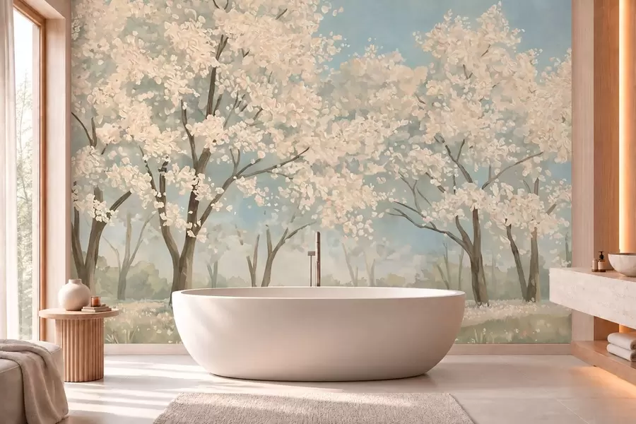 wall murals Blooming pale trees beneath a soft blue sky w05897v1