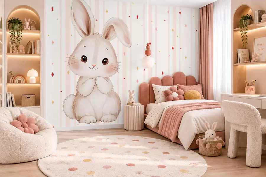 peintures murales Adorable lapin sur fond de rayures roses et d'étoiles colorées w05920