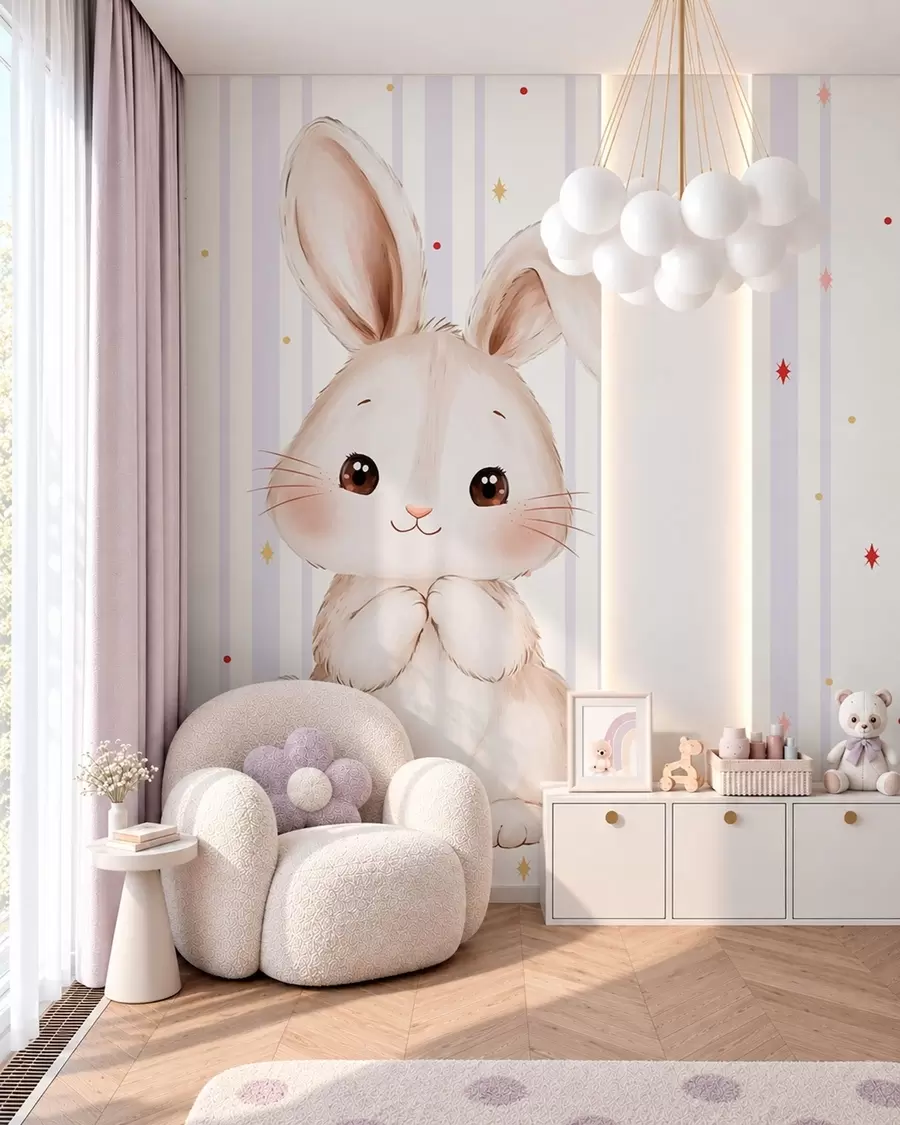 Wall Mural Photo Wallpaper Cute bunny against lilac stripes and bright stars w05920v1