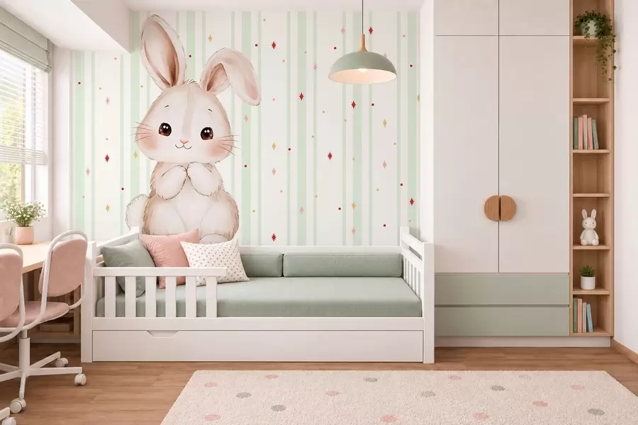 wall murals Cute bunny against green stripes and bright stars w05920v2
