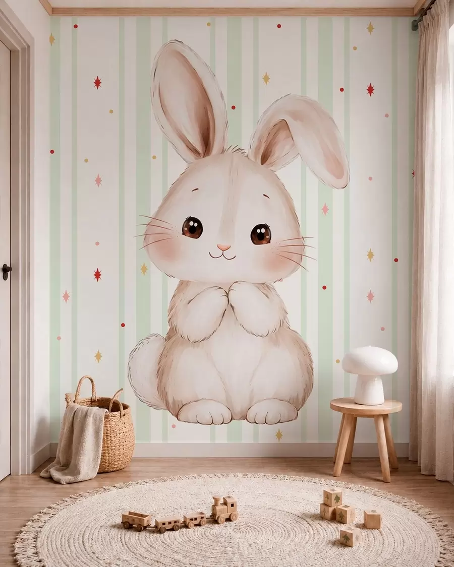 Wall Mural Photo Wallpaper Cute bunny against green stripes and bright stars w05920v2