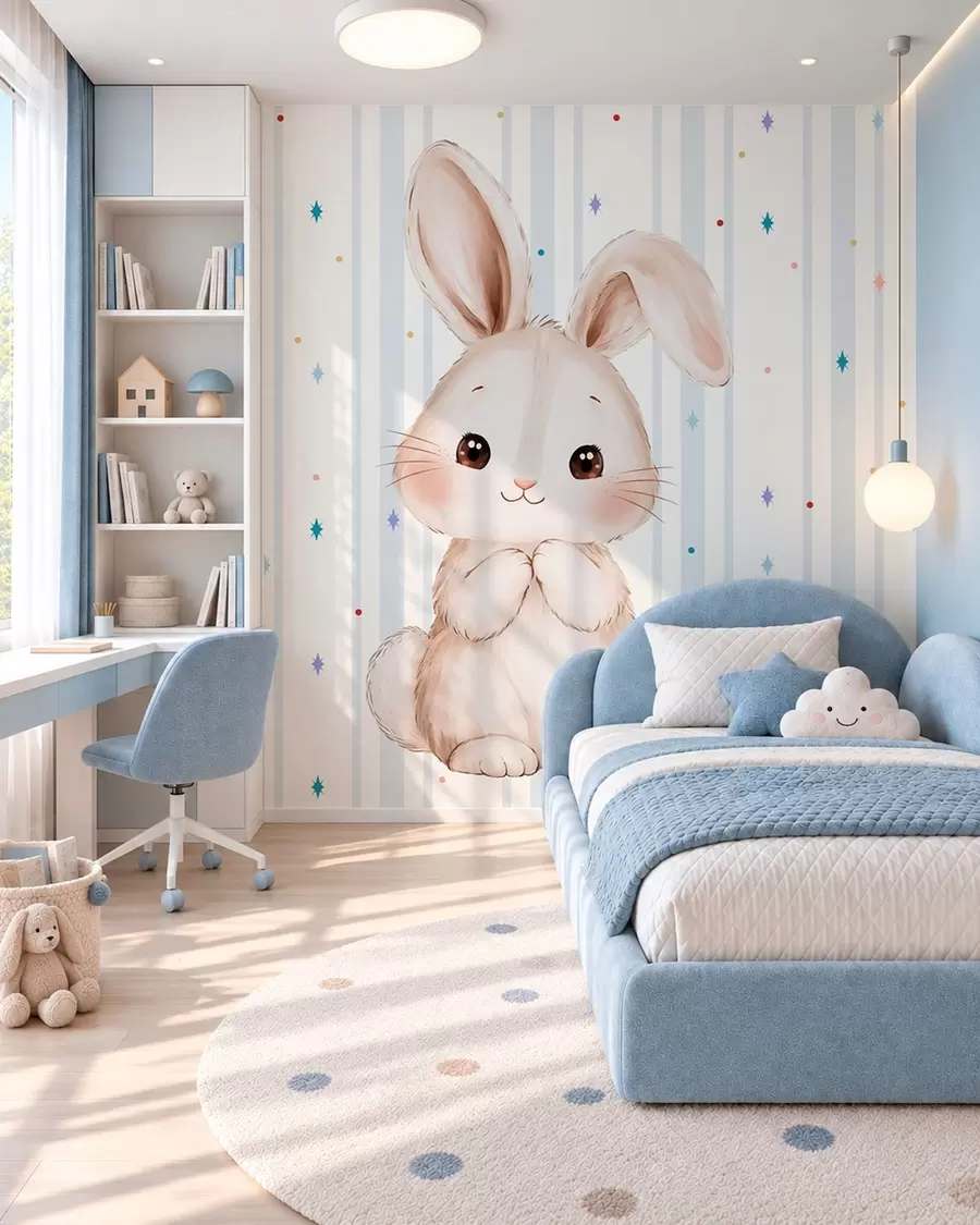 Wall Mural Photo Wallpaper Cute bunny against blue stripes and colorful stars w05920v3
