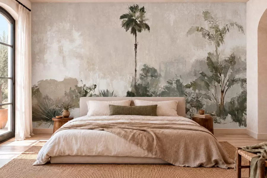 peintures murales Des palmiers et une végétation tropicale aux teintes douces w05921