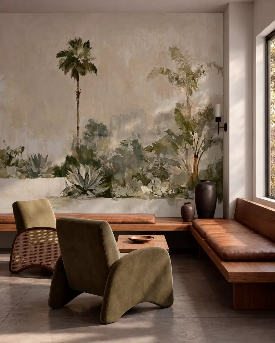 wall murals Tropical garden with palms and large leaves w05921v1
