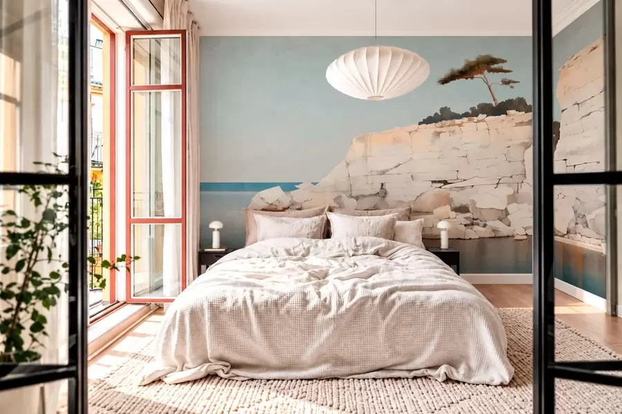 Wall Mural Photo Wallpaper Pale cliffs by calm sea with a solitary tree w05922