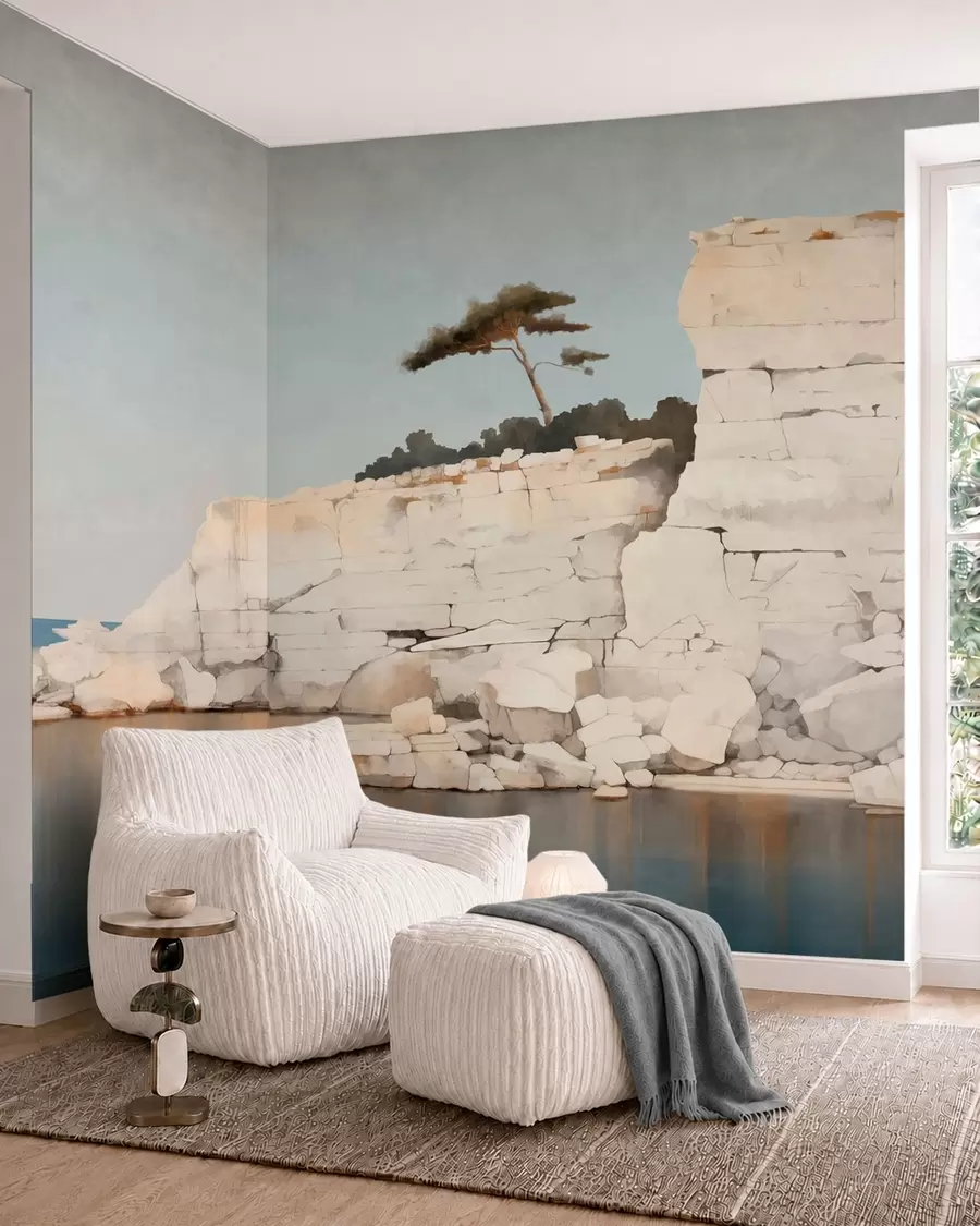 Wall Mural Photo Wallpaper Pale cliffs by calm sea with a solitary tree w05922