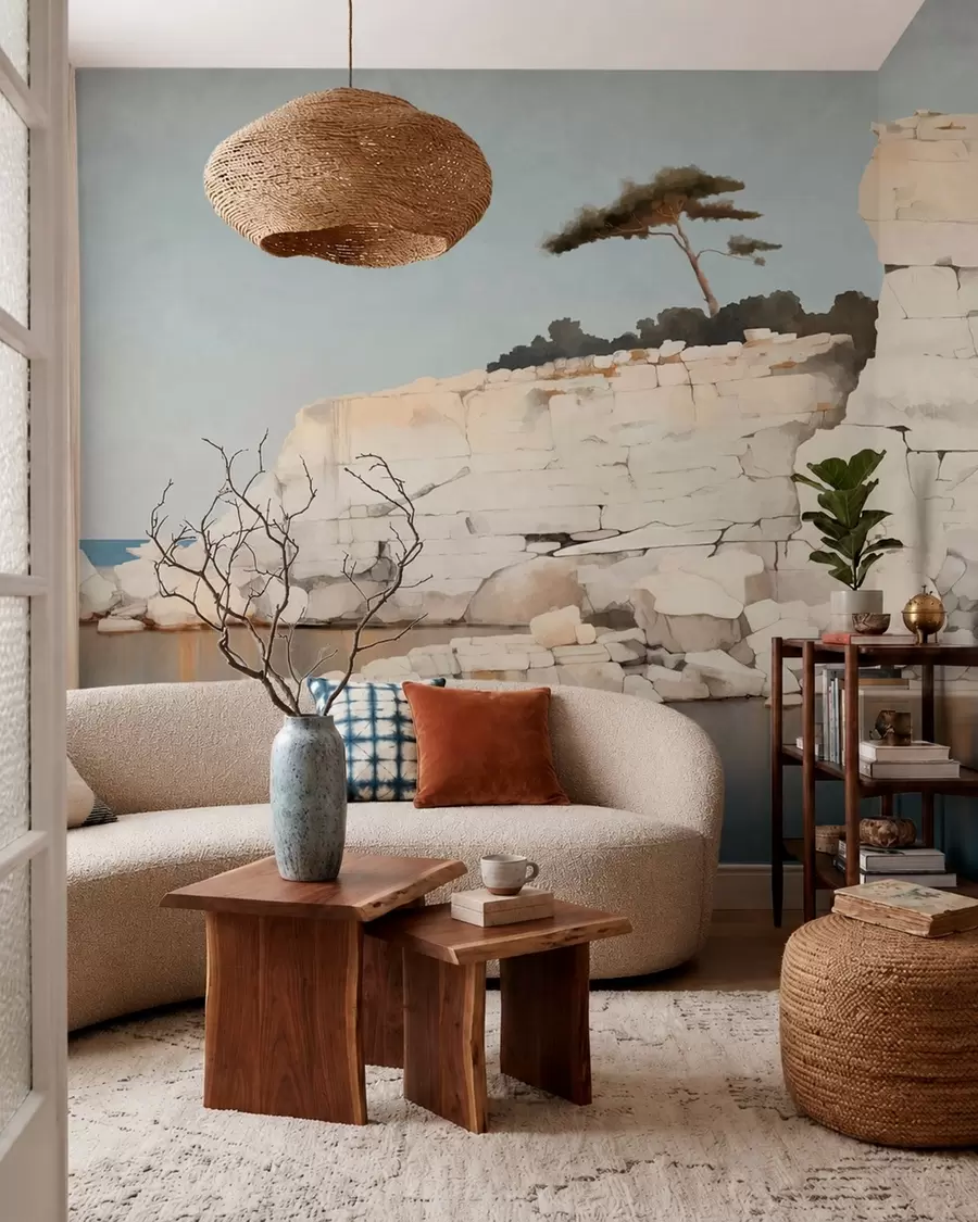 peintures murales Des falaises pâles au bord d'une mer calme, avec un arbre solitaire w05922