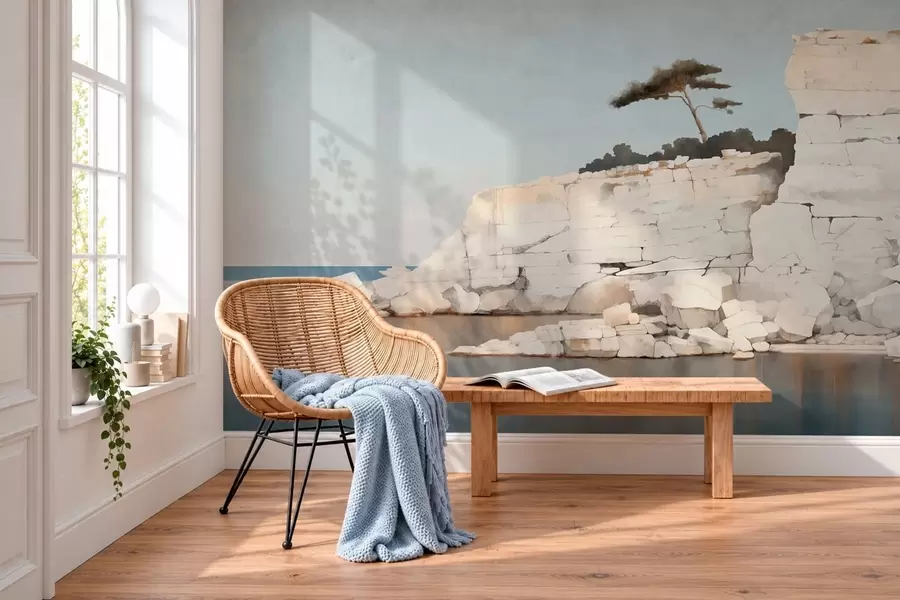 Wall Mural Photo Wallpaper Pale cliffs by calm sea with a solitary tree w05922