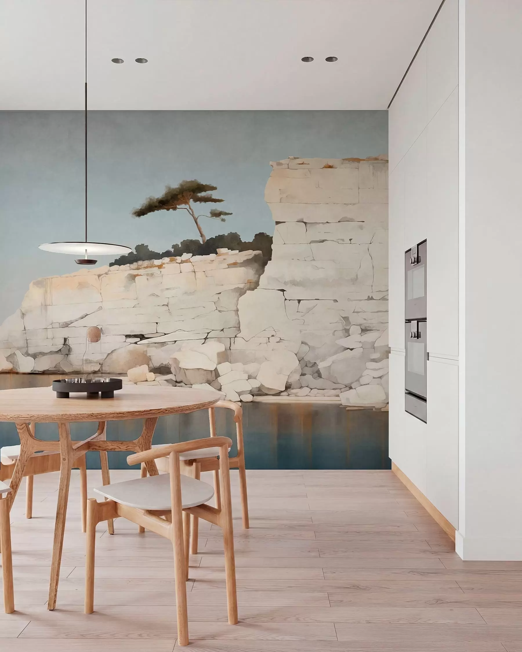 Wall Mural Photo Wallpaper Pale cliffs by calm sea with a solitary tree w05922