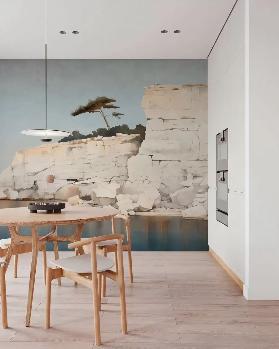 Wall Mural Photo Wallpaper Pale cliffs by calm sea with a solitary tree w05922