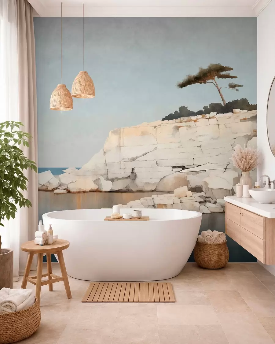 wall murals Pale cliffs by calm sea with a solitary tree w05922