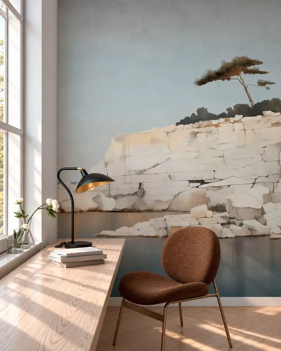 Wall Mural Photo Wallpaper Pale cliffs by calm sea with a solitary tree w05922