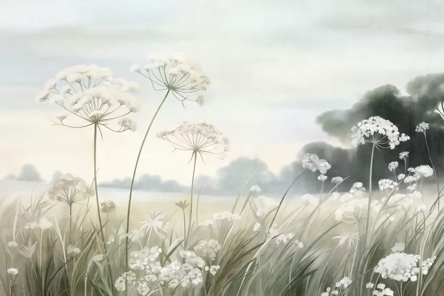 Wall Mural Photo Wallpaper Landscape with wildflowers and tall grasses in a field, muted colors, textured w10032