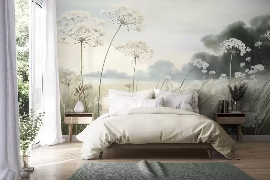 Wall Mural Photo Wallpaper Landscape with wildflowers and tall grasses in a field, muted colors, textured w10032