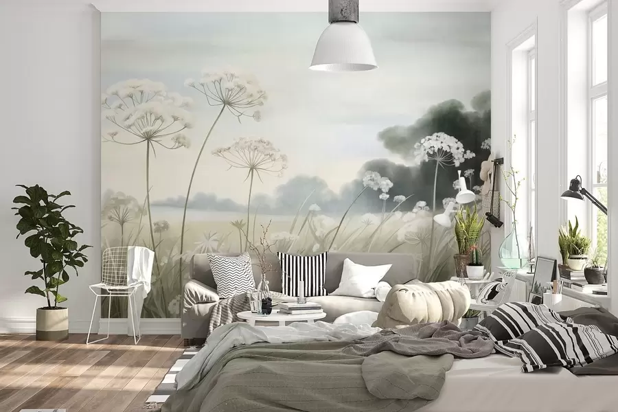 peintures murales Paysage avec des fleurs sauvages et de hautes herbes dans un champ, aux couleurs douces et à la texture marquée w10032