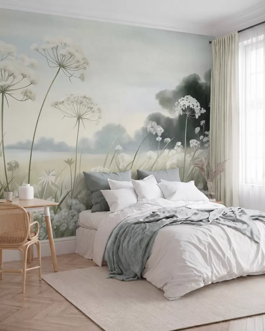 Wall Mural Photo Wallpaper Landscape with wildflowers and tall grasses in a field, muted colors, textured w10032