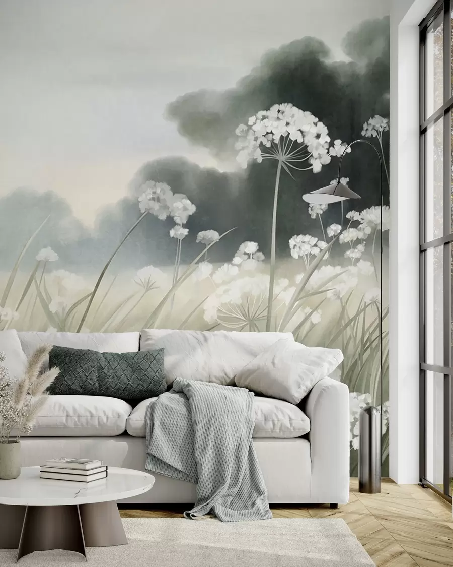 Wall Mural Photo Wallpaper Landscape with wildflowers and tall grasses in a field, muted colors, textured w10032