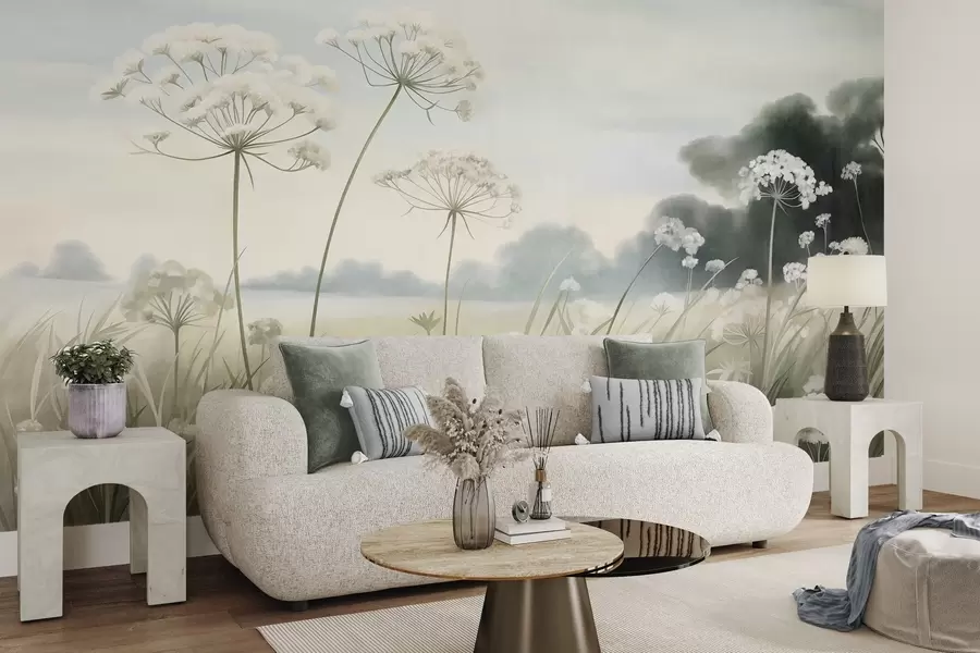 peintures murales Paysage avec des fleurs sauvages et de hautes herbes dans un champ, aux couleurs douces et à la texture marquée w10032