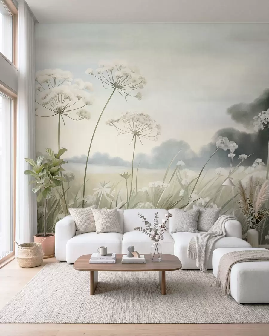 peintures murales Paysage avec des fleurs sauvages et de hautes herbes dans un champ, aux couleurs douces et à la texture marquée w10032