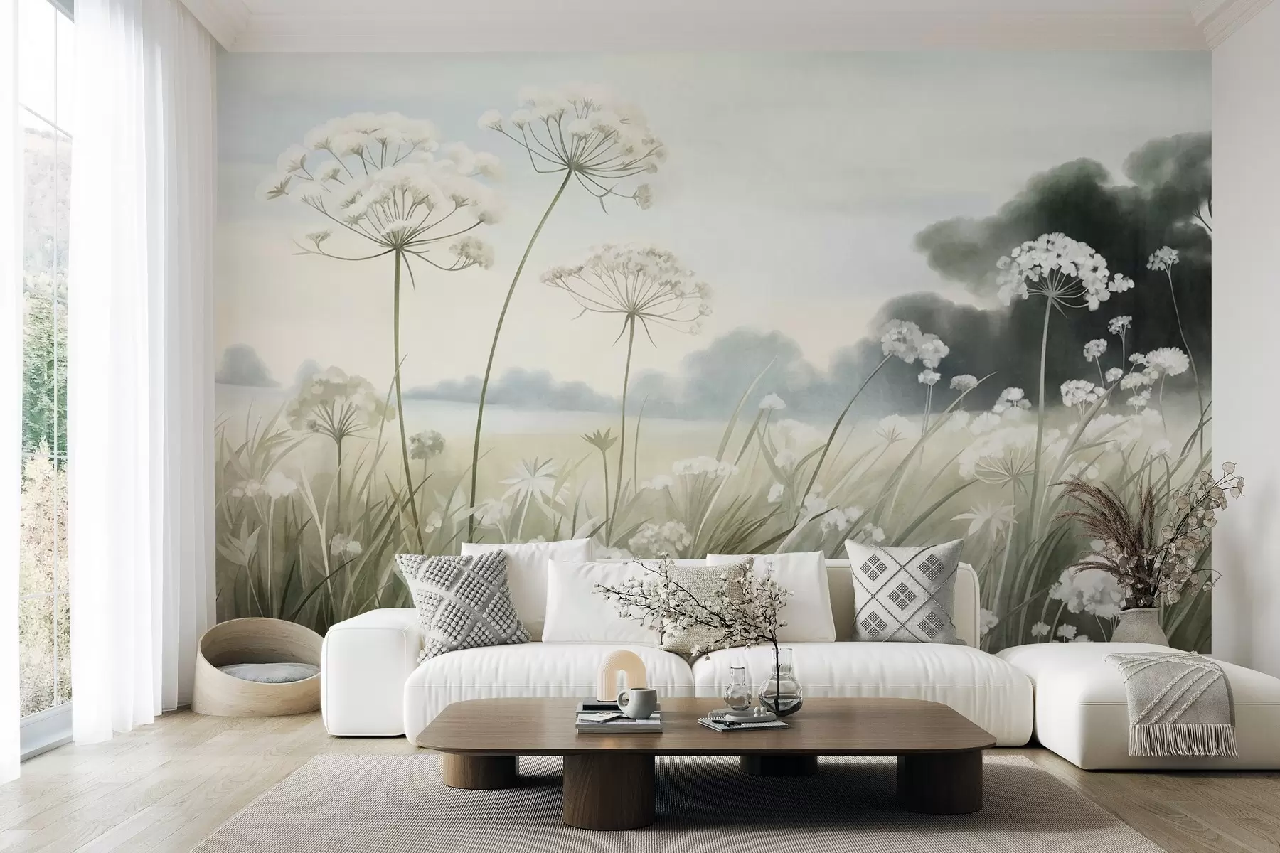 peintures murales Paysage avec des fleurs sauvages et de hautes herbes dans un champ, aux couleurs douces et à la texture marquée w10032