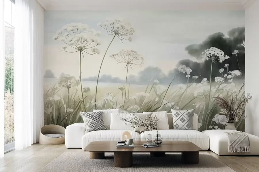 Wall Mural Photo Wallpaper Landscape with wildflowers and tall grasses in a field, muted colors, textured w10032