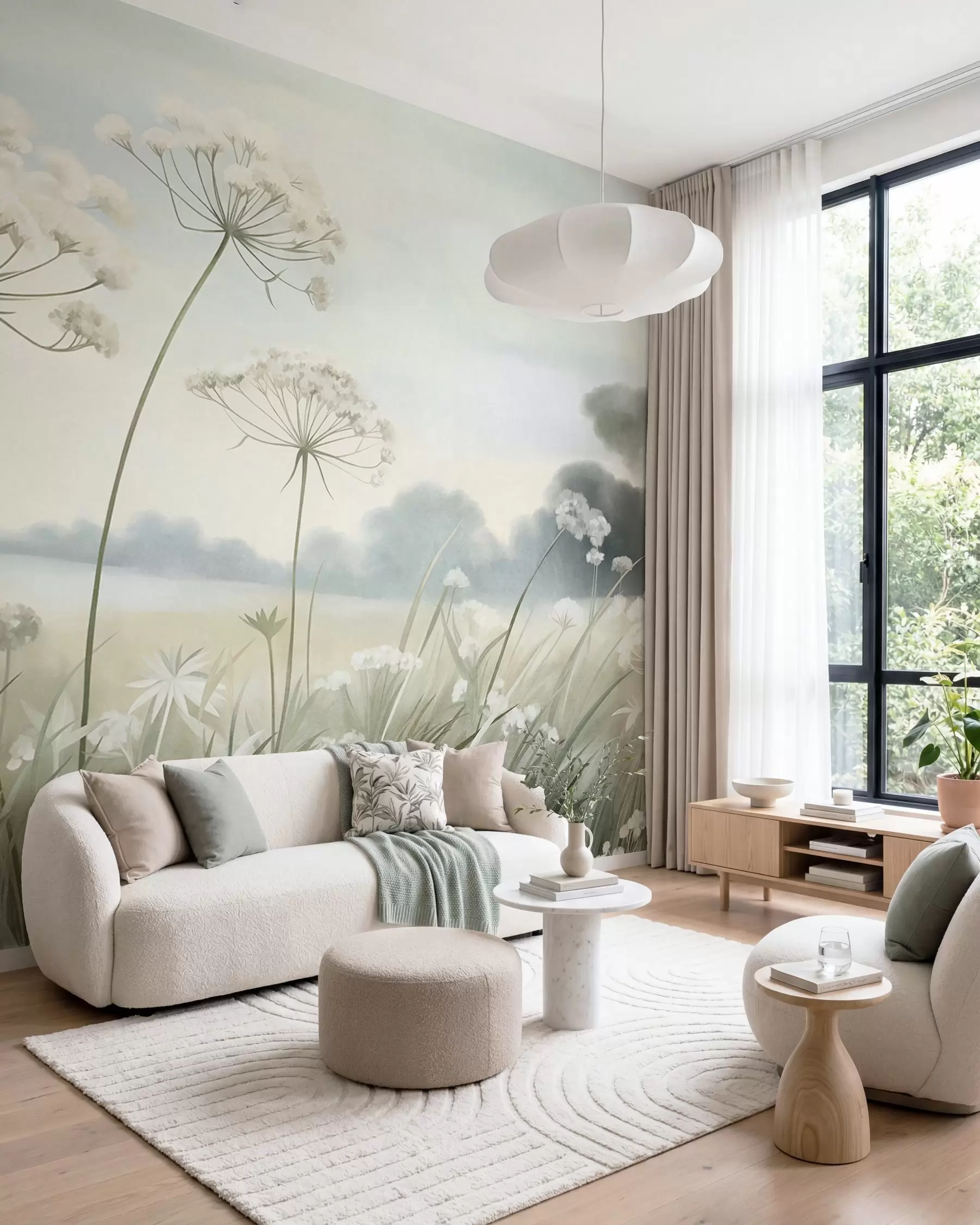 peintures murales Paysage avec des fleurs sauvages et de hautes herbes dans un champ, aux couleurs douces et à la texture marquée w10032