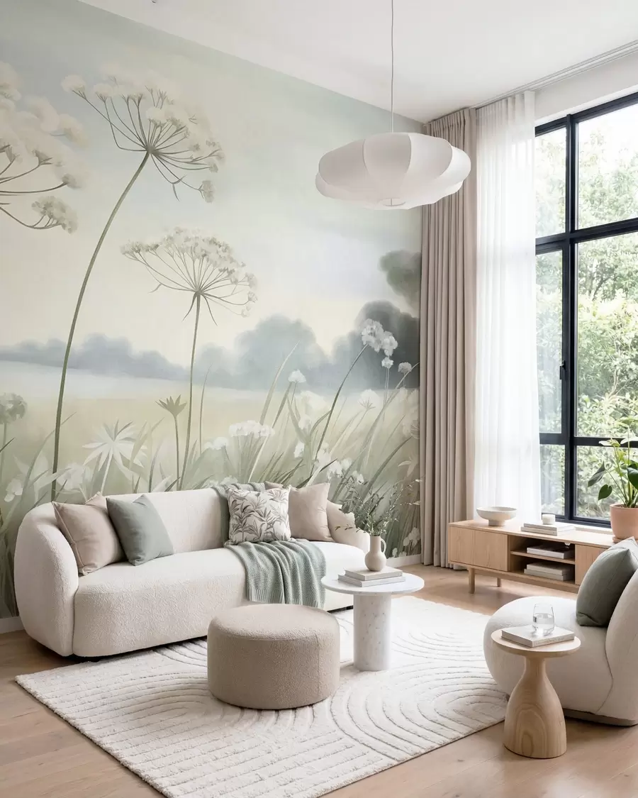 Wall Mural Photo Wallpaper Landscape with wildflowers and tall grasses in a field, muted colors, textured w10032
