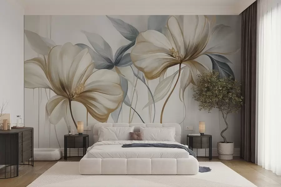 Wall Mural Photo Wallpaper Abstract delicate flowers with thin, brown stems and muted blue leaves, textured w10058