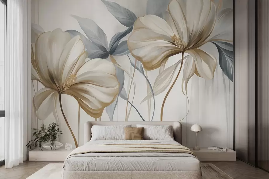 Wall Mural Photo Wallpaper Abstract delicate flowers with thin, brown stems and muted blue leaves, textured w10058