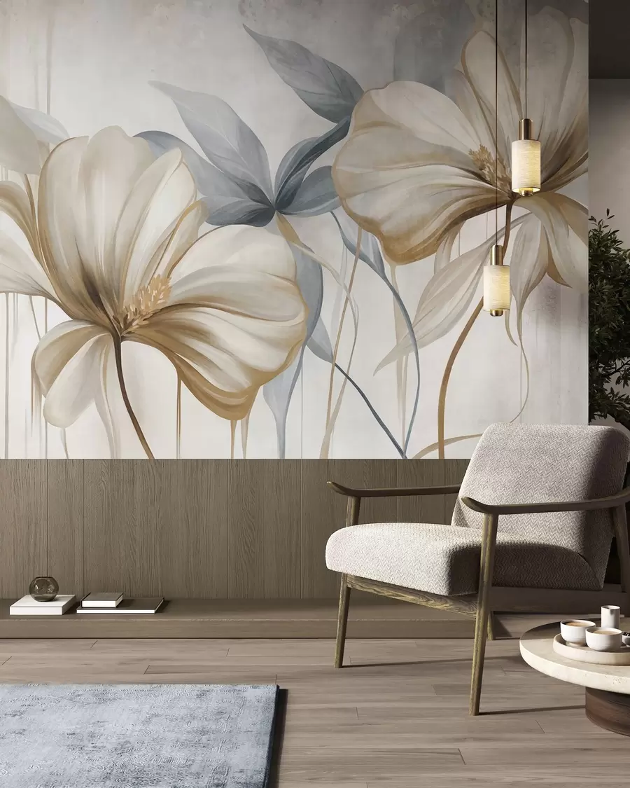Wall Mural Photo Wallpaper Abstract delicate flowers with thin, brown stems and muted blue leaves, textured w10058