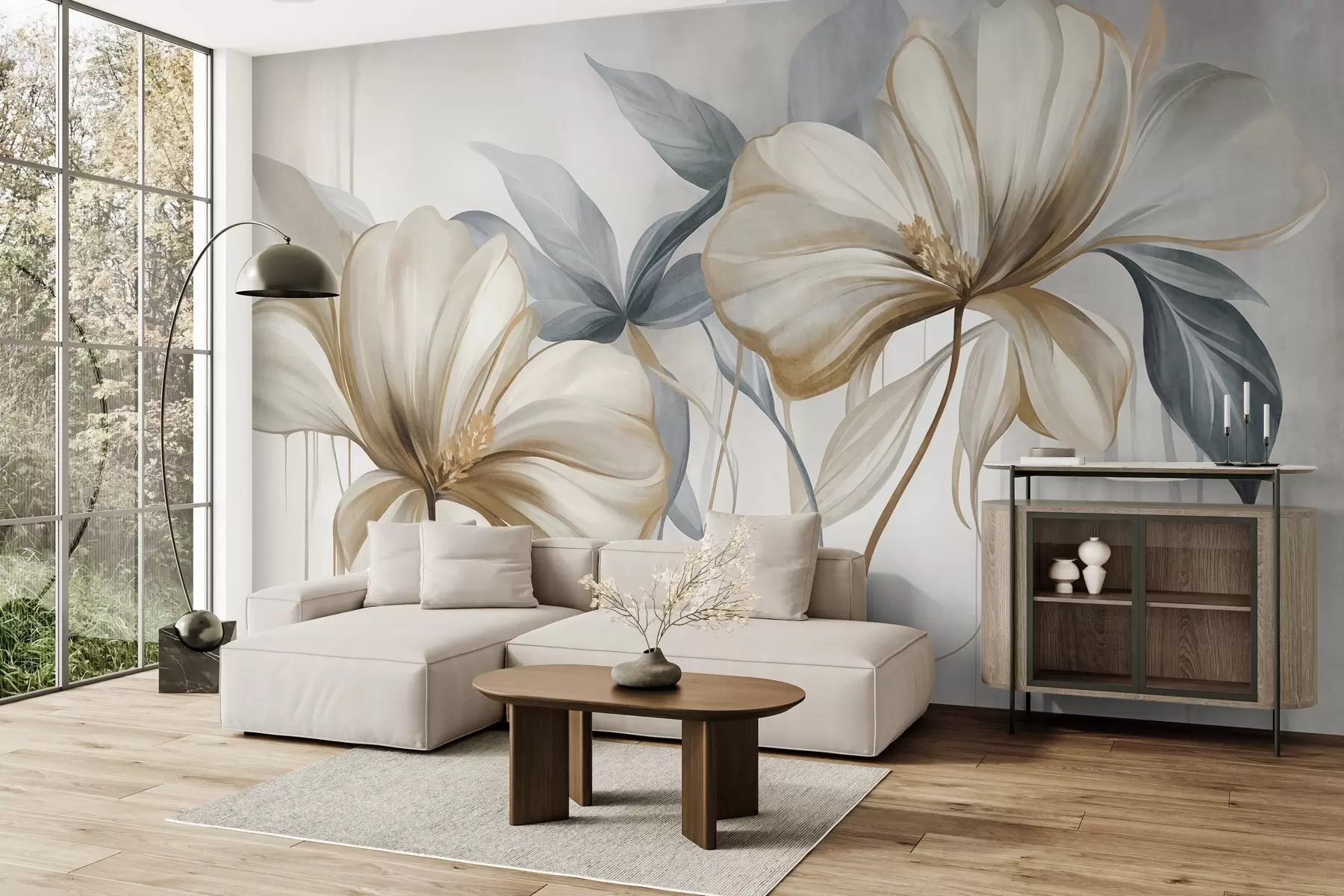 Wall Mural Photo Wallpaper Abstract delicate flowers with thin, brown stems and muted blue leaves, textured w10058