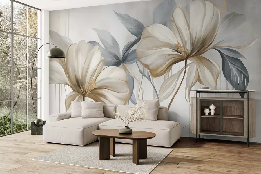 Wall Mural Photo Wallpaper Abstract delicate flowers with thin, brown stems and muted blue leaves, textured w10058