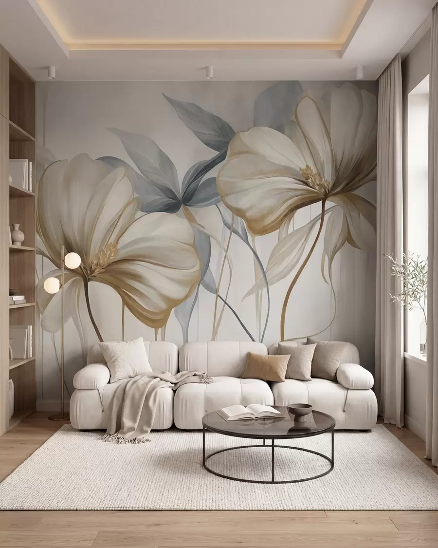 Wall Mural Photo Wallpaper Abstract delicate flowers with thin, brown stems and muted blue leaves, textured w10058