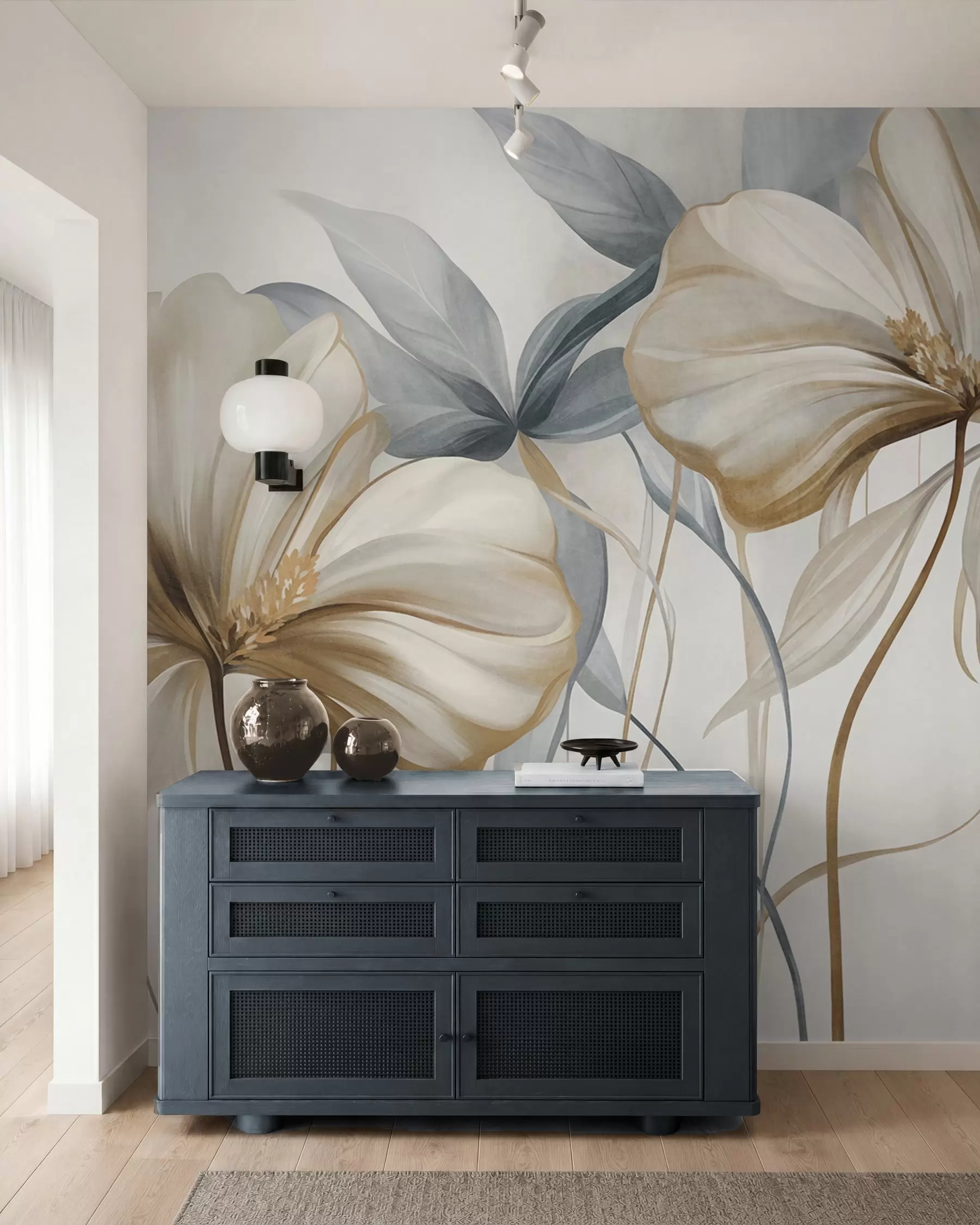 Wall Mural Photo Wallpaper Abstract delicate flowers with thin, brown stems and muted blue leaves, textured w10058
