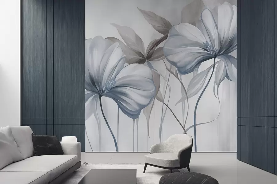 Wall Mural Photo Wallpaper Abstract delicate flowers with thin, blue stems and muted leaves, textured w10058v1