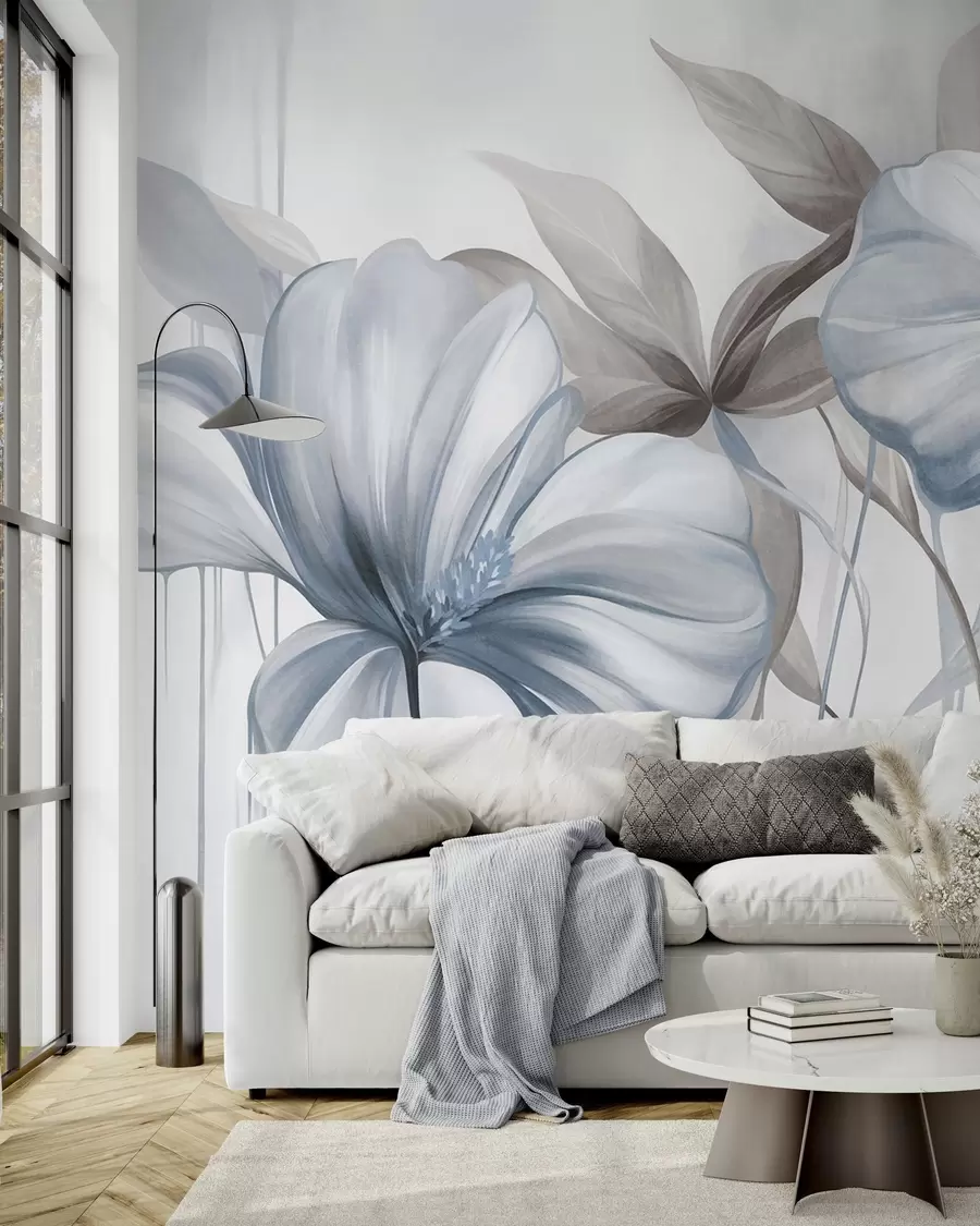 Wall Mural Photo Wallpaper Abstract delicate flowers with thin, blue stems and muted leaves, textured w10058v1