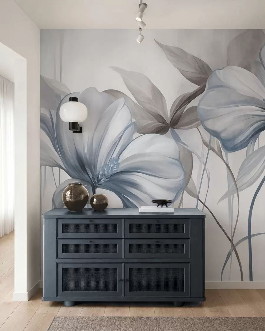 wall murals Abstract delicate flowers with thin, blue stems and muted leaves, textured w10058v1