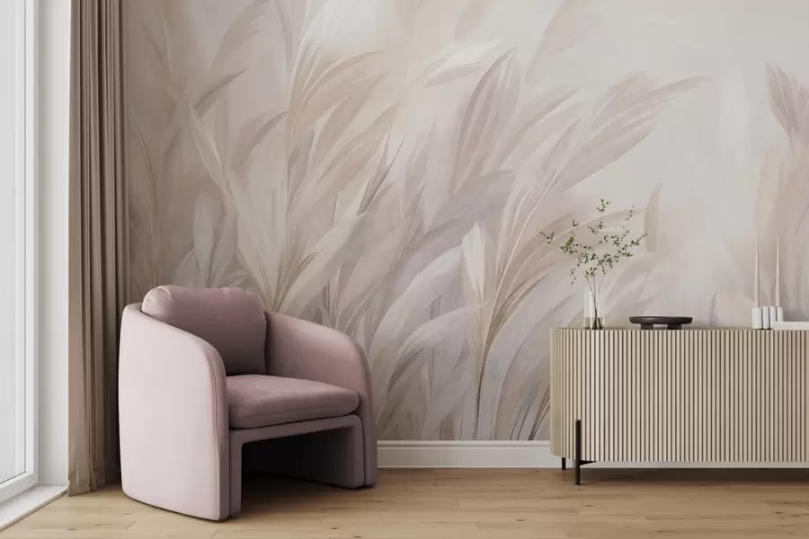 wall murals Tall, feathery grass in soft pastel colors, with a light textured background w10060
