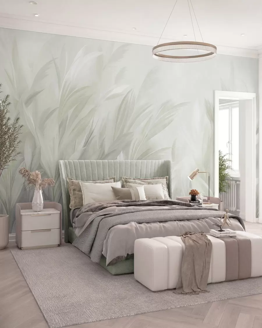 wall murals Tall, feathery grass in soft pastel green colors, with a light textured background w10060v1