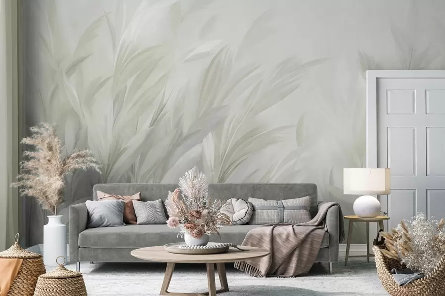 wall murals Tall, feathery grass in soft pastel green colors, with a light textured background w10060v1