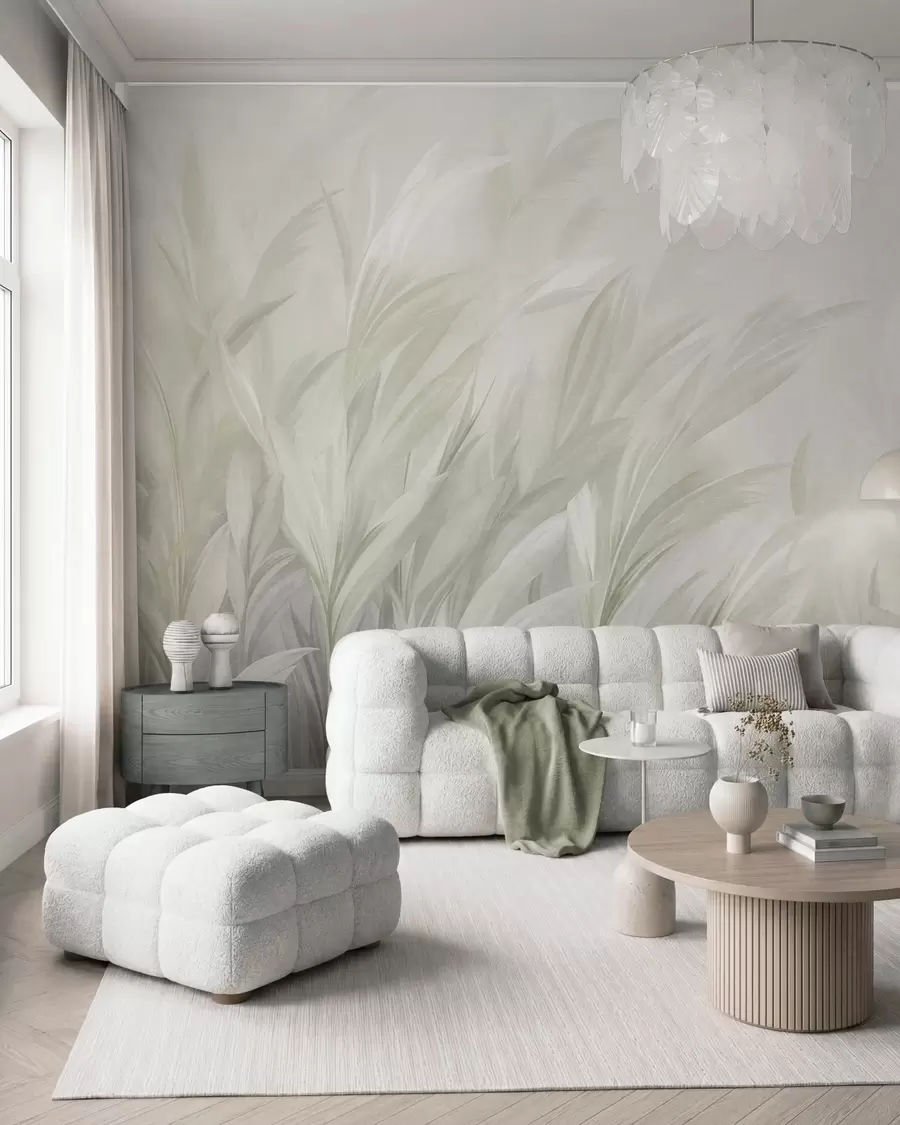 wall murals Tall, feathery grass in soft pastel green colors, with a light textured background w10060v1