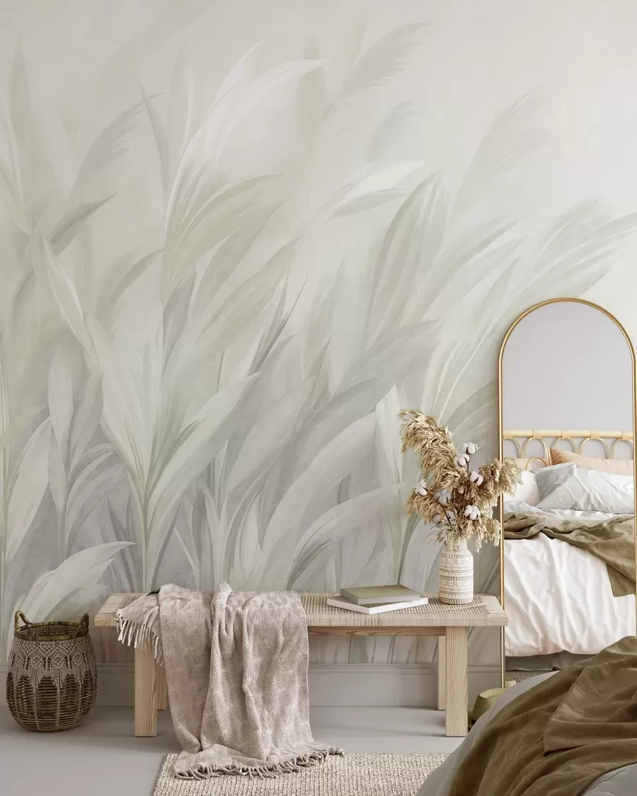 wall murals Tall, feathery grass in soft pastel green colors, with a light textured background w10060v1