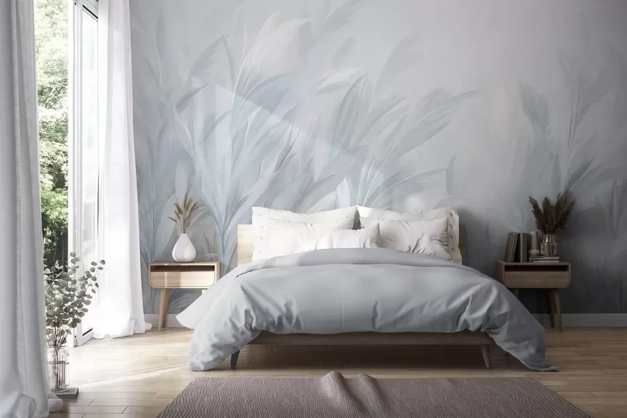 Wall Mural Photo Wallpaper Tall, feathery grass in soft pastel blue colors, with a light textured background w10060v2