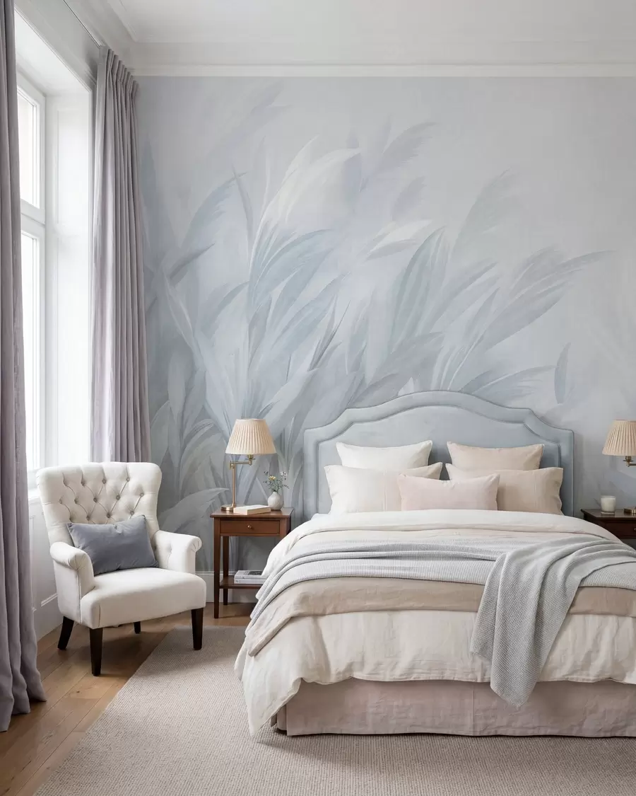 peintures murales De hautes herbes plumeuses aux teintes pastel bleu pâle, sur un fond légèrement texturé w10060v2
