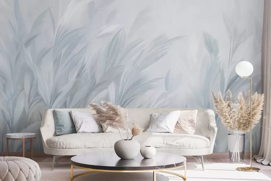 peintures murales De hautes herbes plumeuses aux teintes pastel bleu pâle, sur un fond légèrement texturé w10060v2