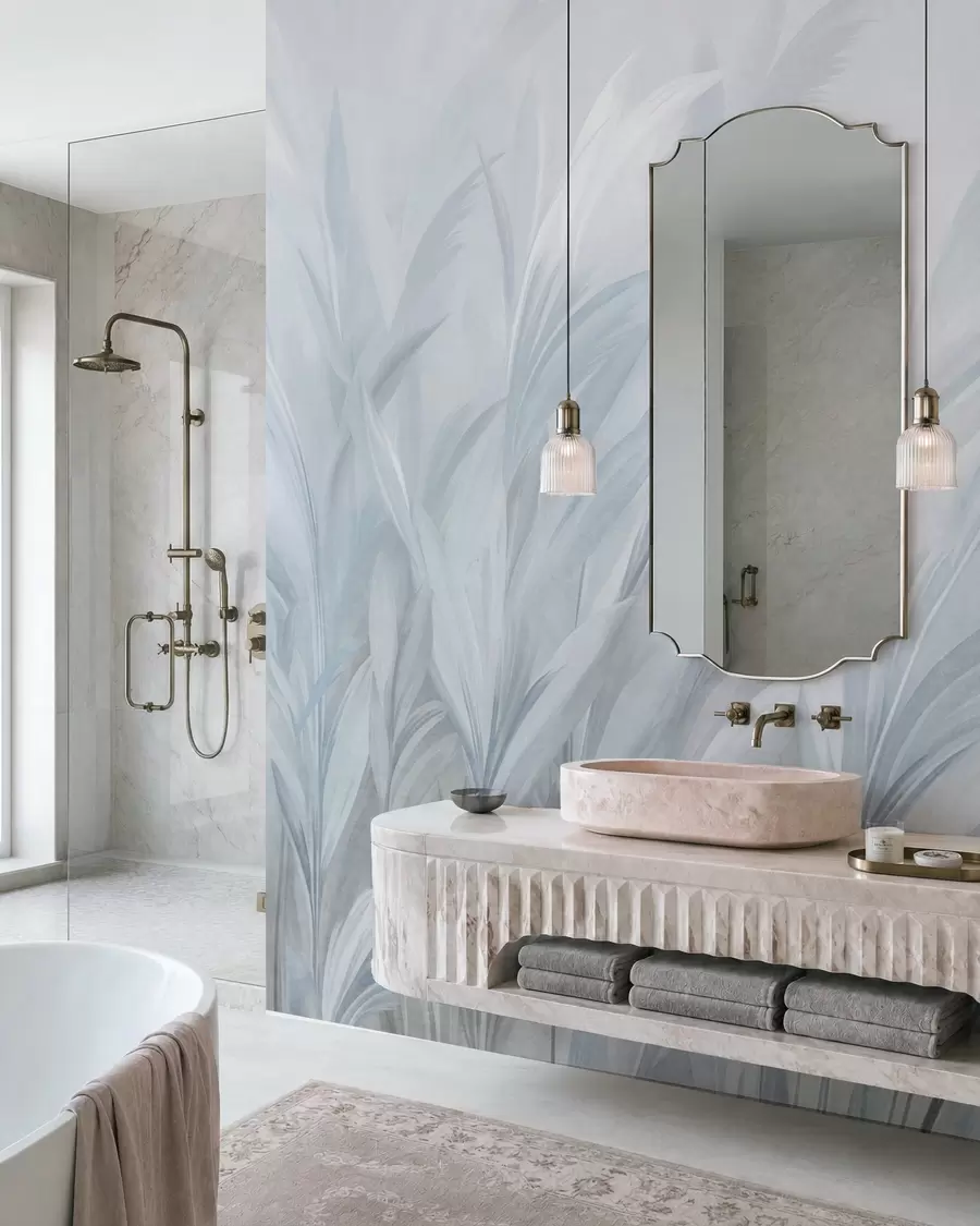 wall murals Tall, feathery grass in soft pastel blue colors, with a light textured background w10060v2