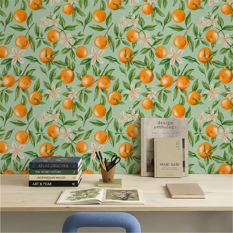 peintures murales Des oranges, des feuilles vertes et des fleurs blanches sur fond menthe a01262