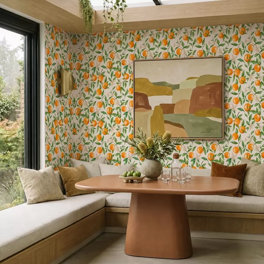 peintures murales Des oranges, des feuilles vertes et des fleurs blanches sur un fond clair a01262v1